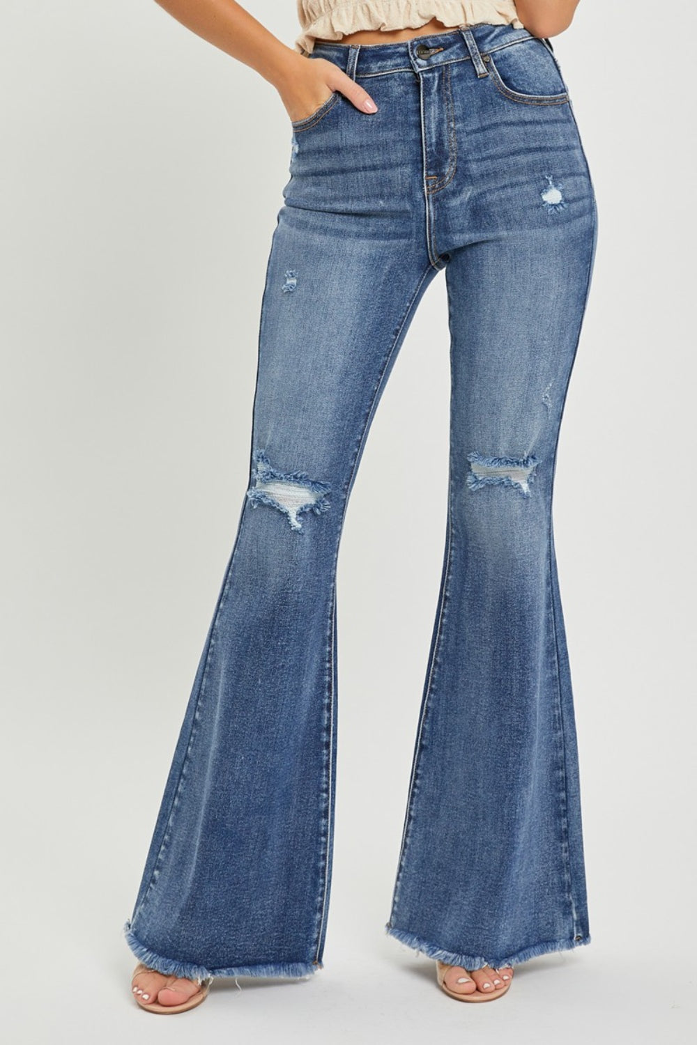 RISEN High Waist Distressed Fare Jeans-BOTTOMS SIZES SMALL MEDIUM LARGE-[Adult]-[Female]-Medium-0-2022 Online Blue Zone Planet