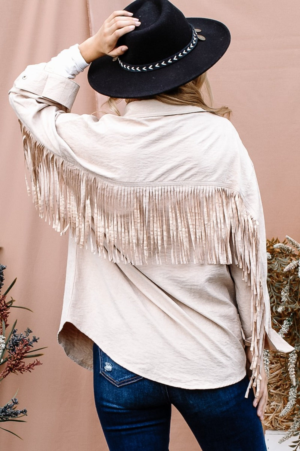 And The Why Full Size Fringe Back Detailed Button Down Shacket-TOPS / DRESSES-[Adult]-[Female]-2022 Online Blue Zone Planet