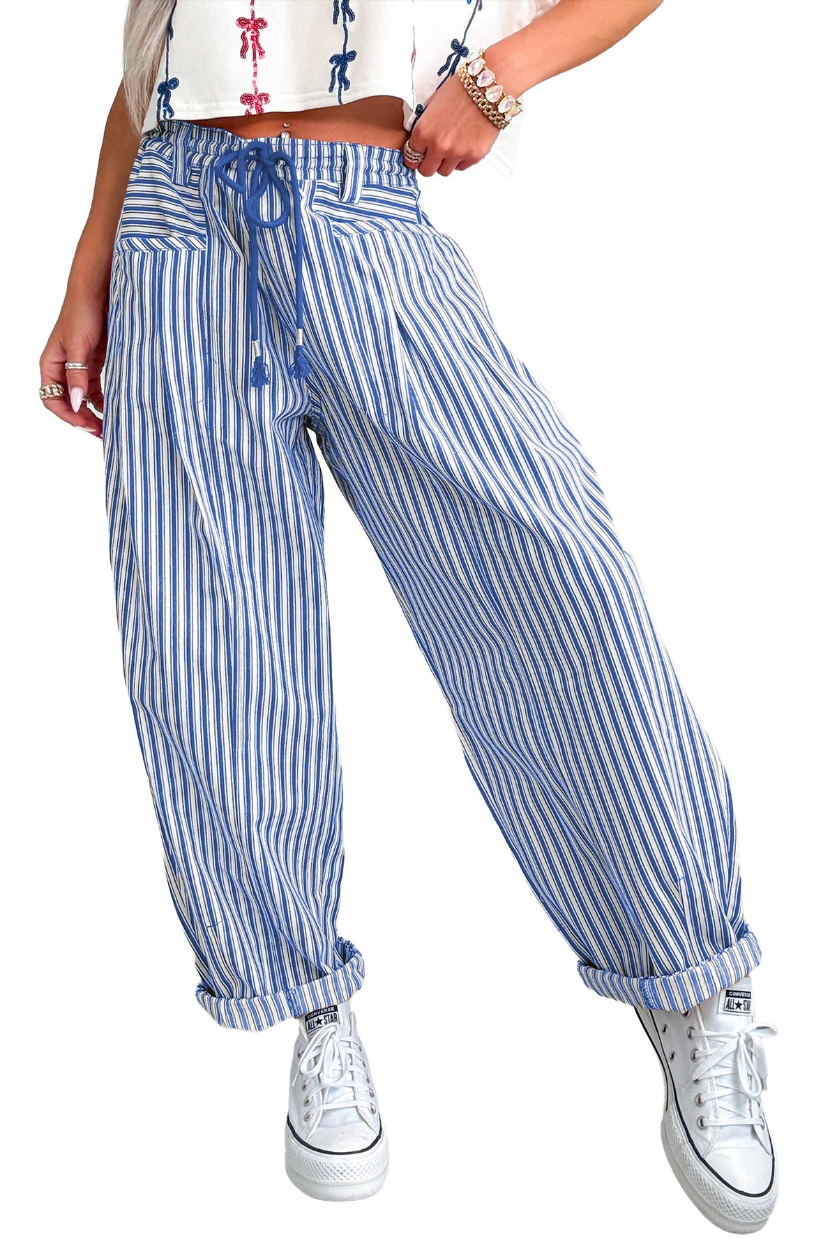 Blue Stripe Drawstring Casual Loose Pants-Bottoms/Pants & Culotte-[Adult]-[Female]-2022 Online Blue Zone Planet