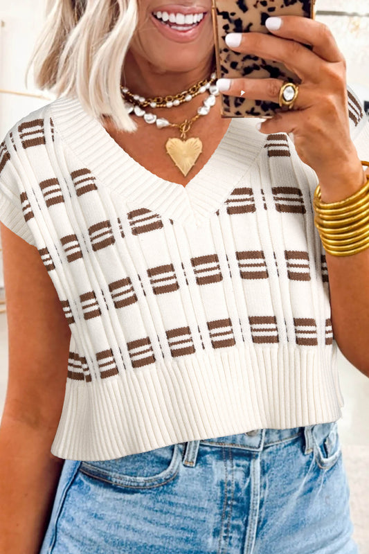 White Contrast Geometric Textured Knit V Neck Cropped Sweater Vest-Sweaters & Cardigans/Sweater Vests-[Adult]-[Female]-White-S-2022 Online Blue Zone Planet