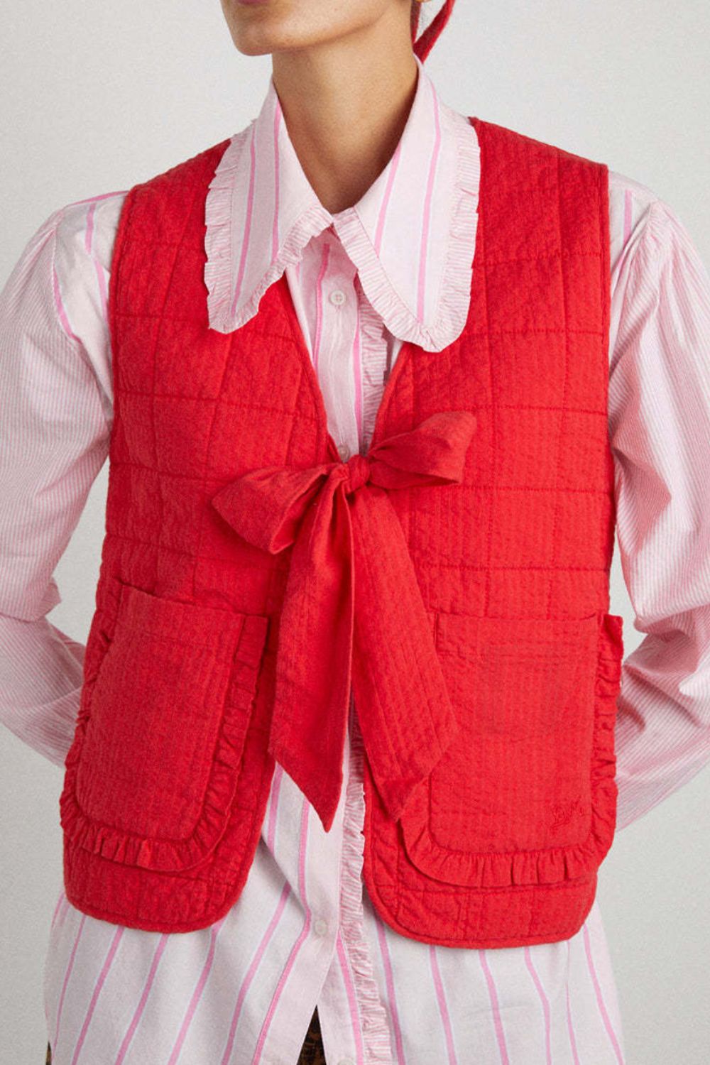 Tied Frill Vest Coat with Pockets-TOPS / DRESSES-[Adult]-[Female]-Red-S-2022 Online Blue Zone Planet