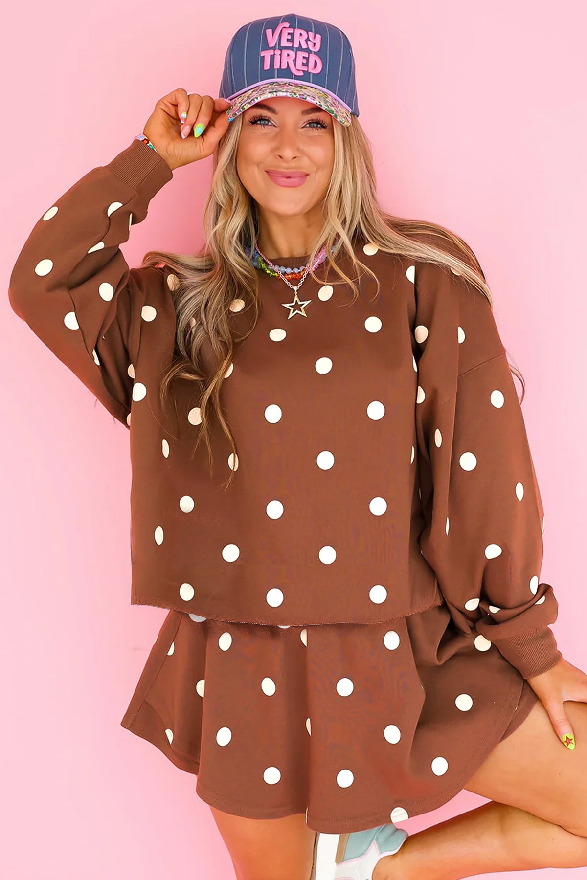 Brown Polka Dot Raw Hem Relaxed Pullover Loose Skort Two Piece Set-Two Piece Sets/Short Sets-[Adult]-[Female]-2022 Online Blue Zone Planet