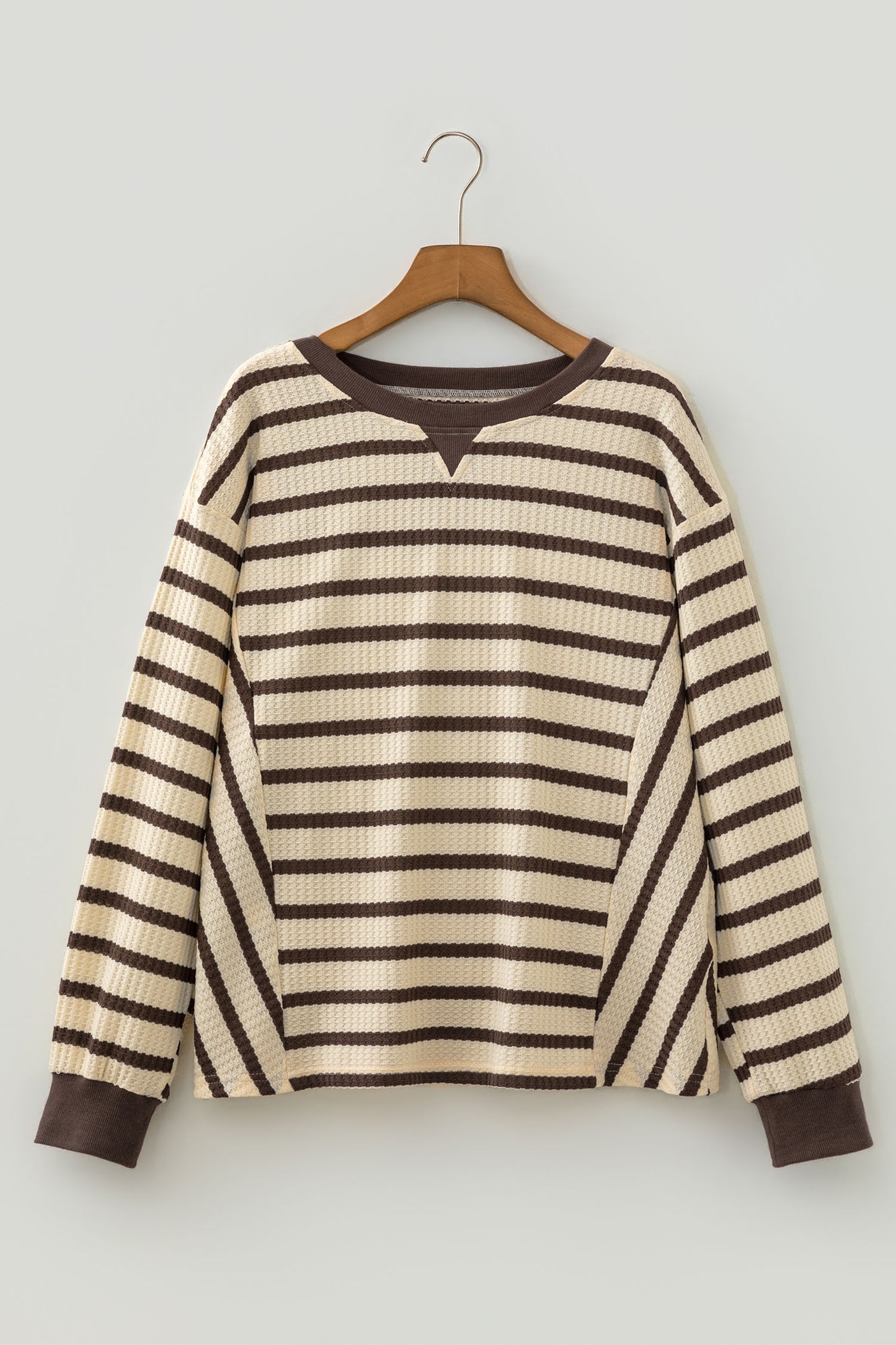 Brown Stripe Patchwork Ribbed Cuff Casual Pullover Sweatshirt-Tops/Sweatshirts & Hoodies-[Adult]-[Female]-2022 Online Blue Zone Planet