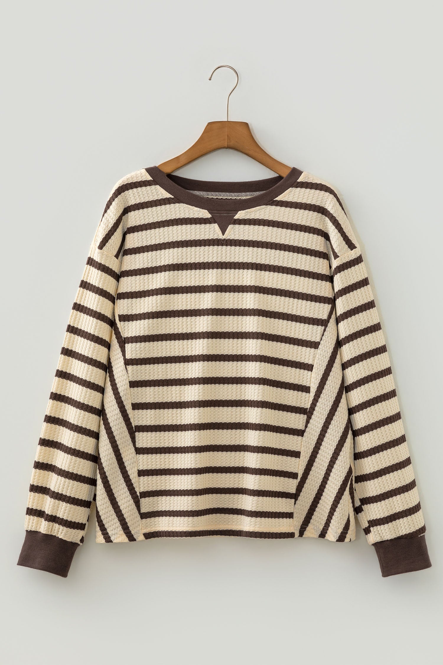 Brown Stripe Patchwork Ribbed Cuff Casual Pullover Sweatshirt-Tops/Sweatshirts & Hoodies-[Adult]-[Female]-2022 Online Blue Zone Planet