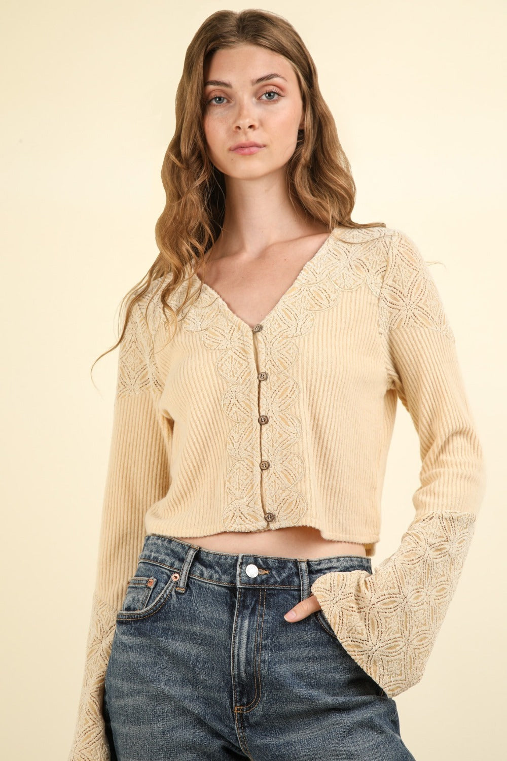 VERY J V-Neck Lace Detail Button Down Crop Ribbed Knit Top-TOPS / DRESSES-[Adult]-[Female]-2022 Online Blue Zone Planet