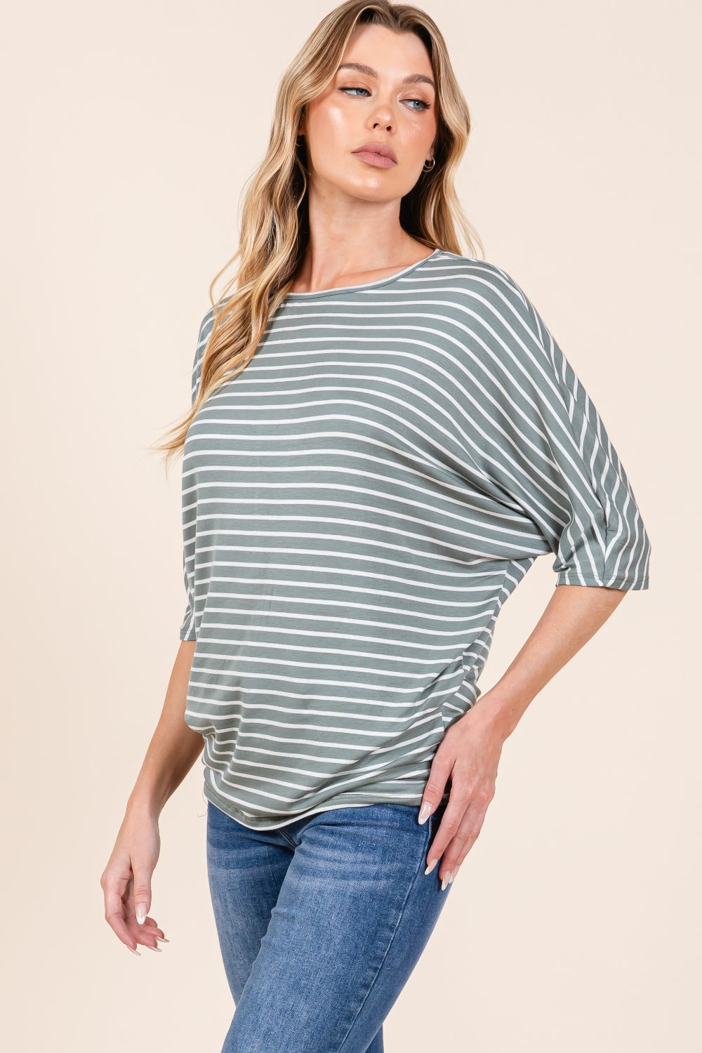 BOMBOM Striped Boat Neck Dolman Sleeve Top-TOPS / DRESSES-[Adult]-[Female]-2022 Online Blue Zone Planet