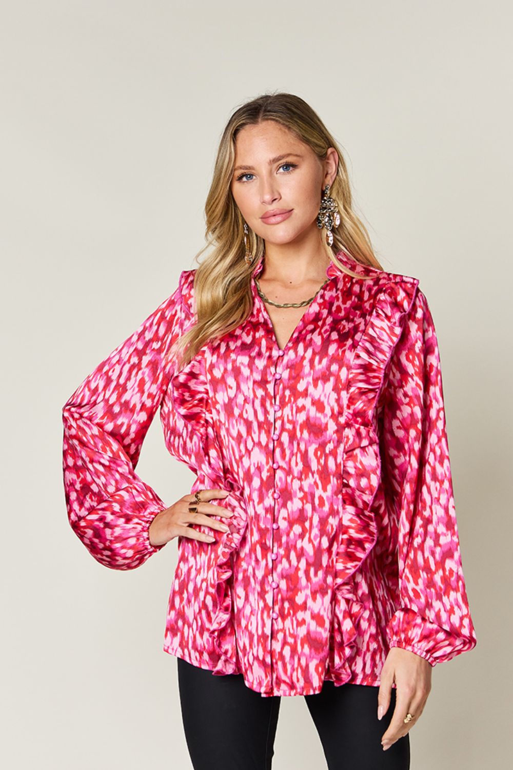 Blue Zone Planet | Double Take Full Size Printed Ruffle Trim Balloon Sleeve Shirt-TOPS / DRESSES-[Adult]-[Female]-Hot Pink-S-2022 Online Blue Zone Planet