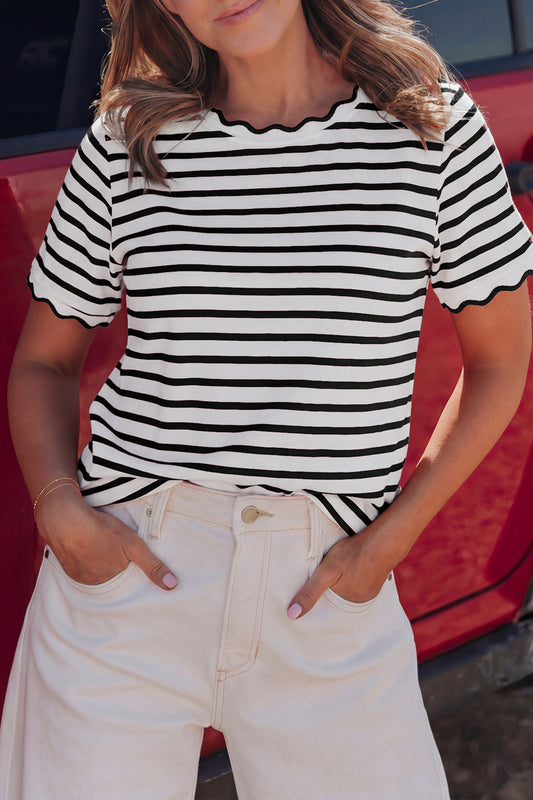Black Stripe Scalloped Trim Round Neck T Shirt-Tops/Tops & Tees-[Adult]-[Female]-Black Stripe-S-2022 Online Blue Zone Planet