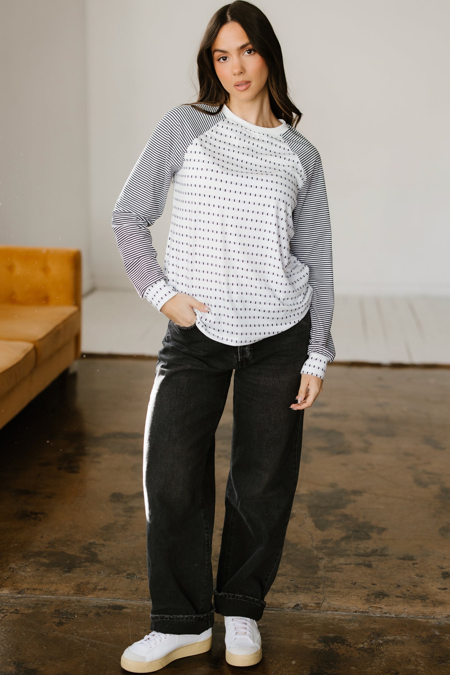 Black Stripe Raglan Patchwork Long Sleeve Tee-Tops/Long Sleeve Tops-[Adult]-[Female]-2022 Online Blue Zone Planet