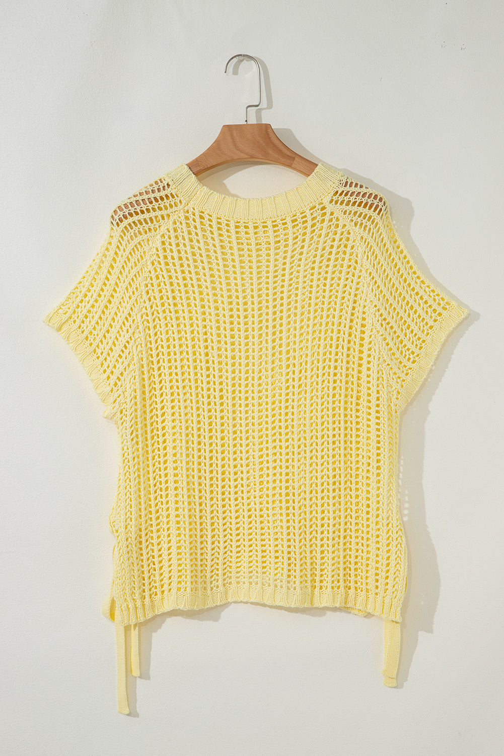 Yellow Cream Hollow-Out Crochet Side Tied Short Sleeve Sweater-TOPS / DRESSES-[Adult]-[Female]-2022 Online Blue Zone Planet
