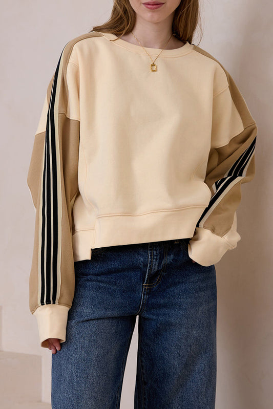 Beige Contrast Striped Patchwork Drop Shoulder Loose Sweatshirt-Tops/Sweatshirts & Hoodies-[Adult]-[Female]-Beige-S-2022 Online Blue Zone Planet