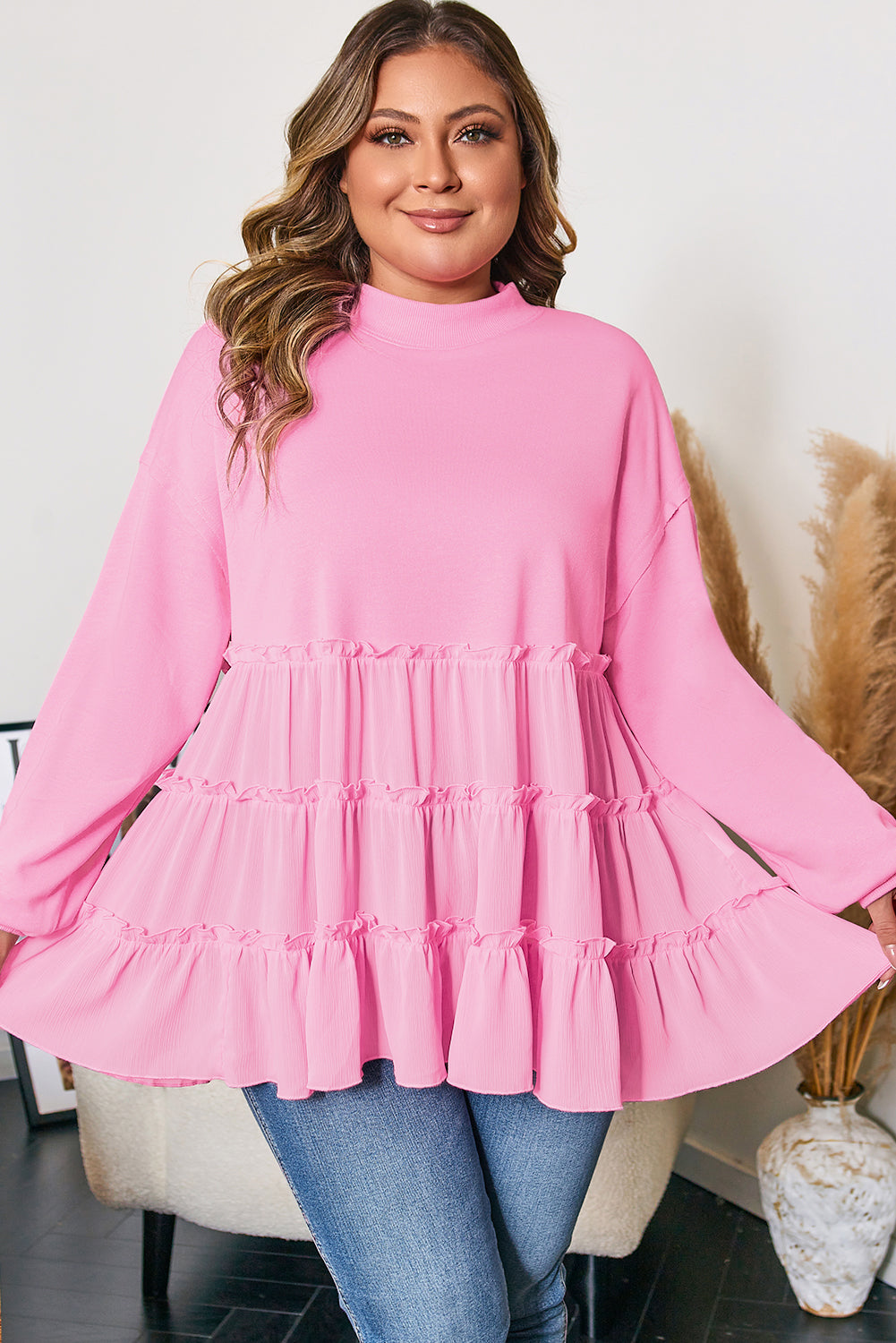 Pink Tiered Ruffle Ribbed Crew Neck Pullover Plus Size Top-Plus Size/Plus Size Tops/Plus Size Blouses & Shirts-[Adult]-[Female]-2022 Online Blue Zone Planet