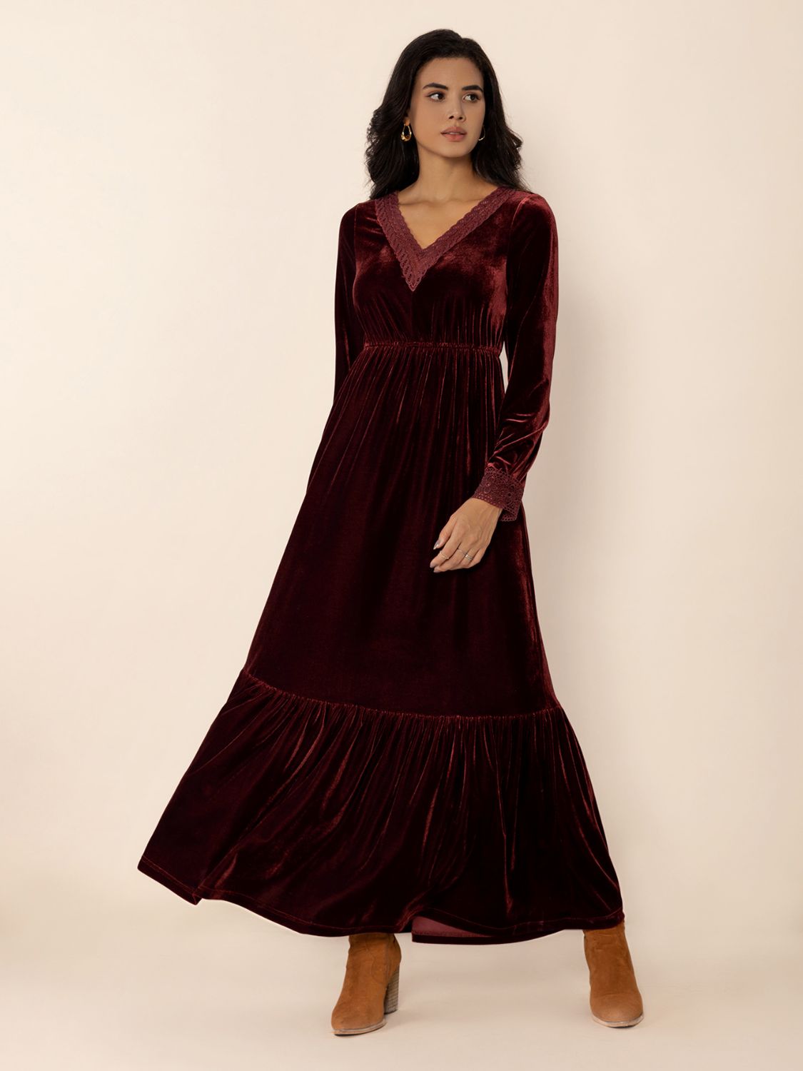 Lace Detail V-Neck Long Sleeve Dress-TOPS / DRESSES-[Adult]-[Female]-Burgundy-S-2022 Online Blue Zone Planet