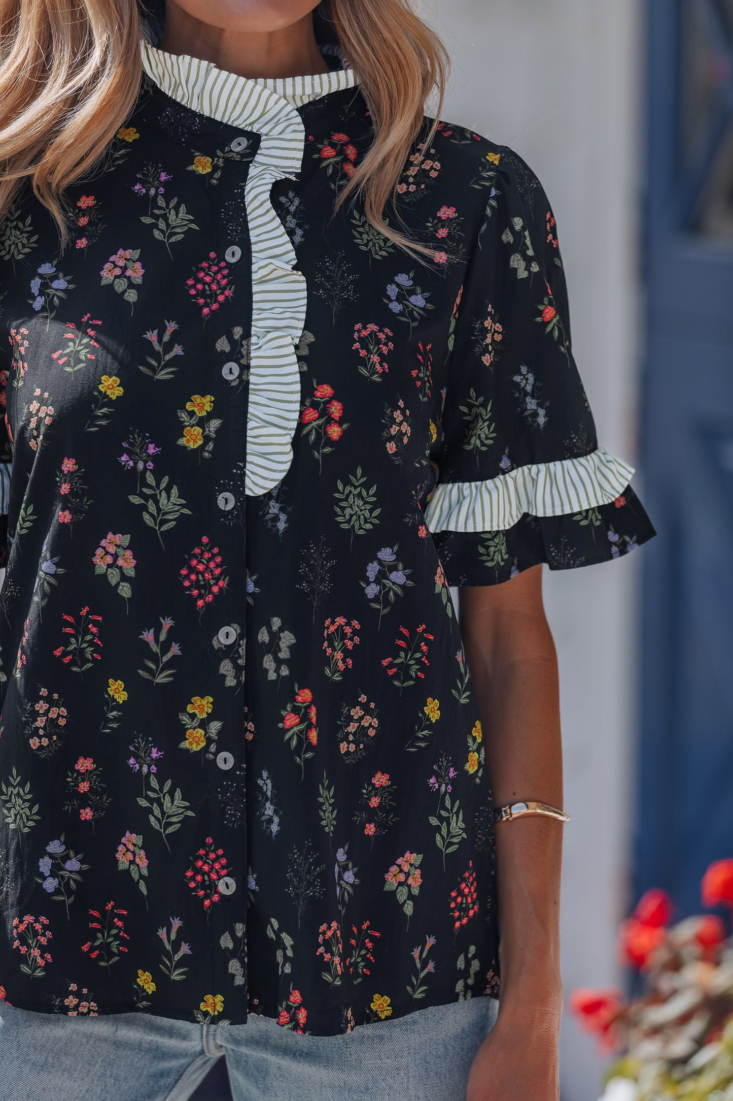 Black Contrast Frilled Trim Short Sleeve Floral Shirt-Tops/Blouses & Shirts-[Adult]-[Female]-2022 Online Blue Zone Planet