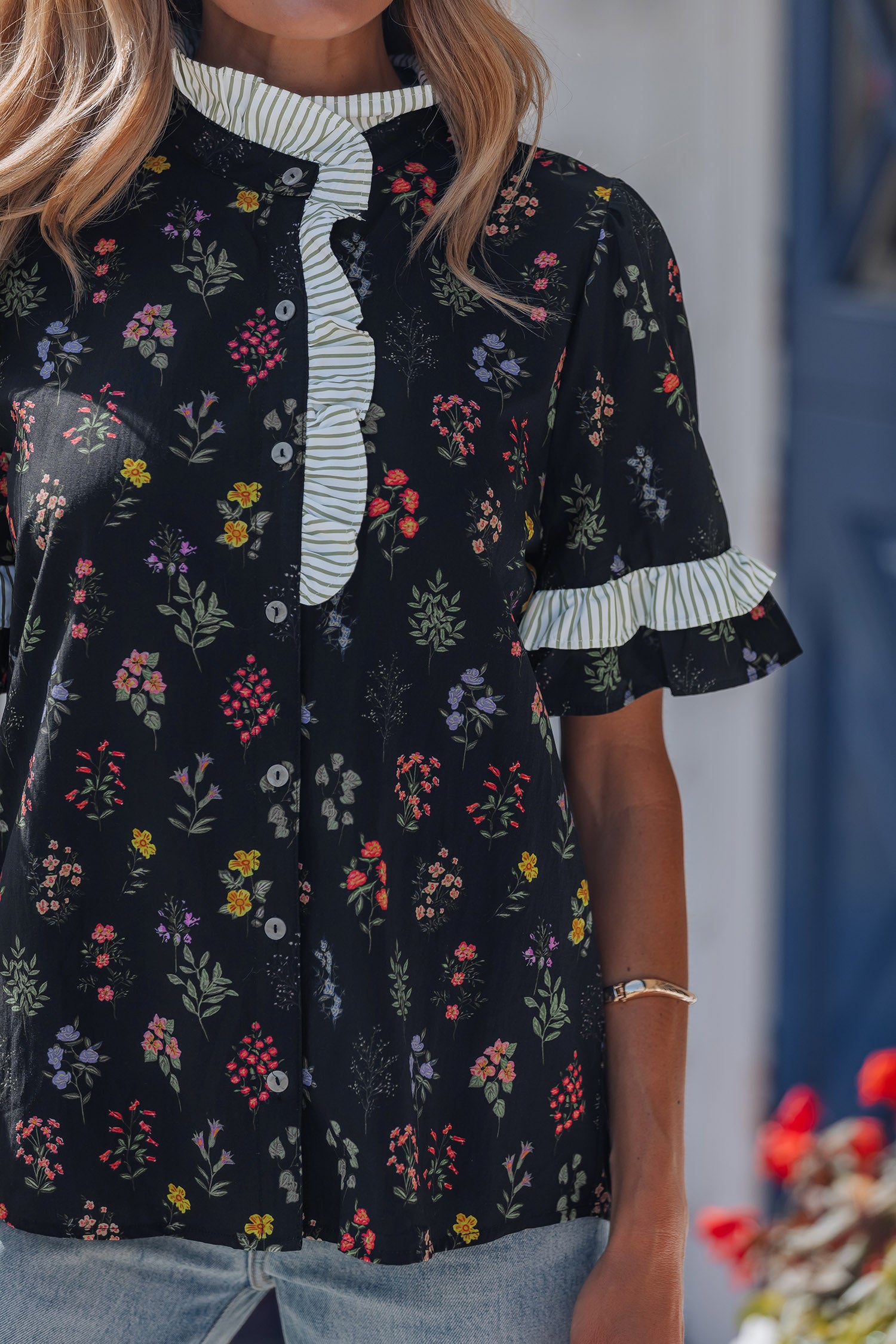 Black Contrast Frilled Trim Short Sleeve Floral Shirt-Tops/Blouses & Shirts-[Adult]-[Female]-2022 Online Blue Zone Planet