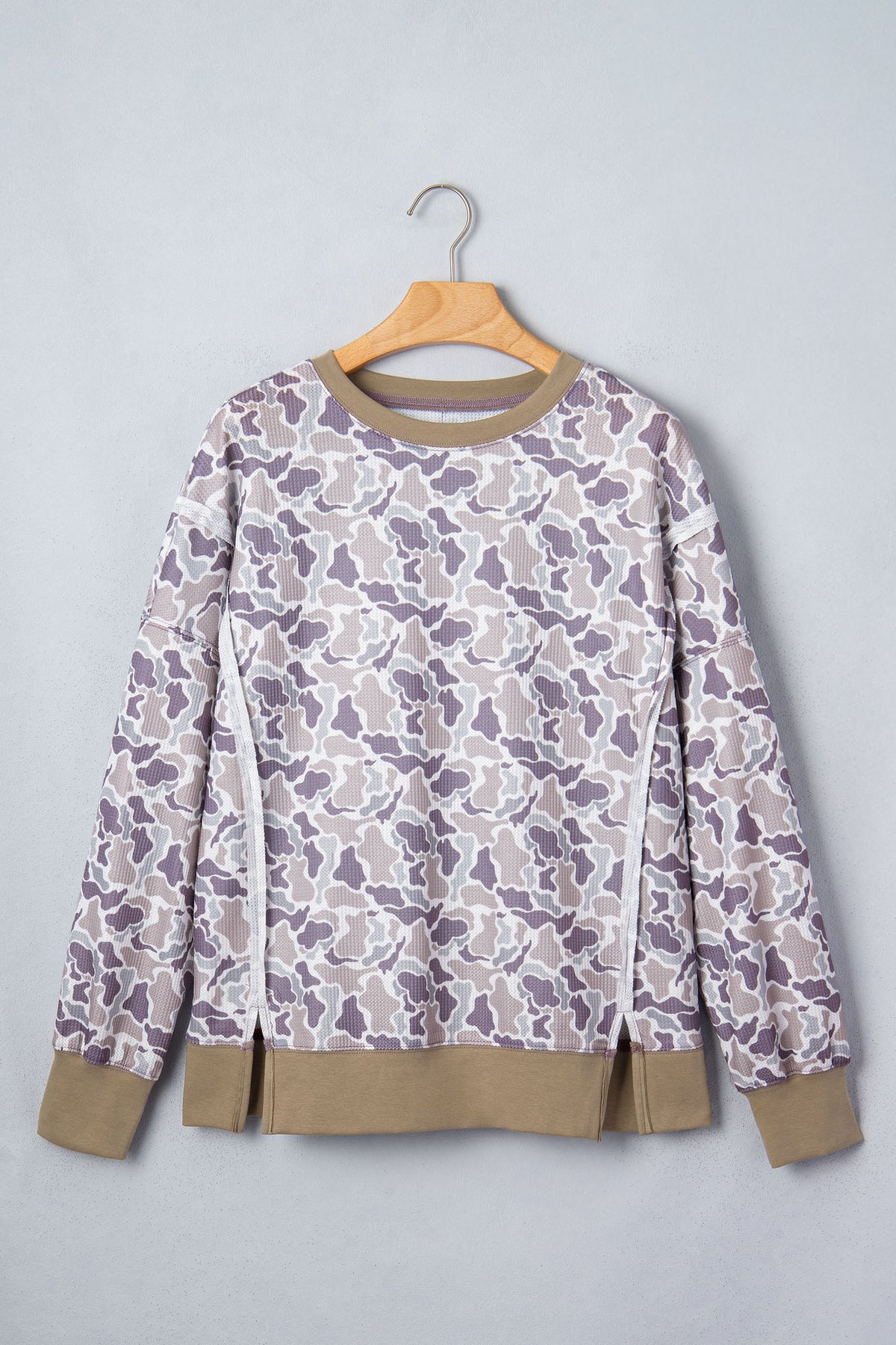 Khaki Camouflage Print Textured Knit Color Block Trim Long Sleeve Top
