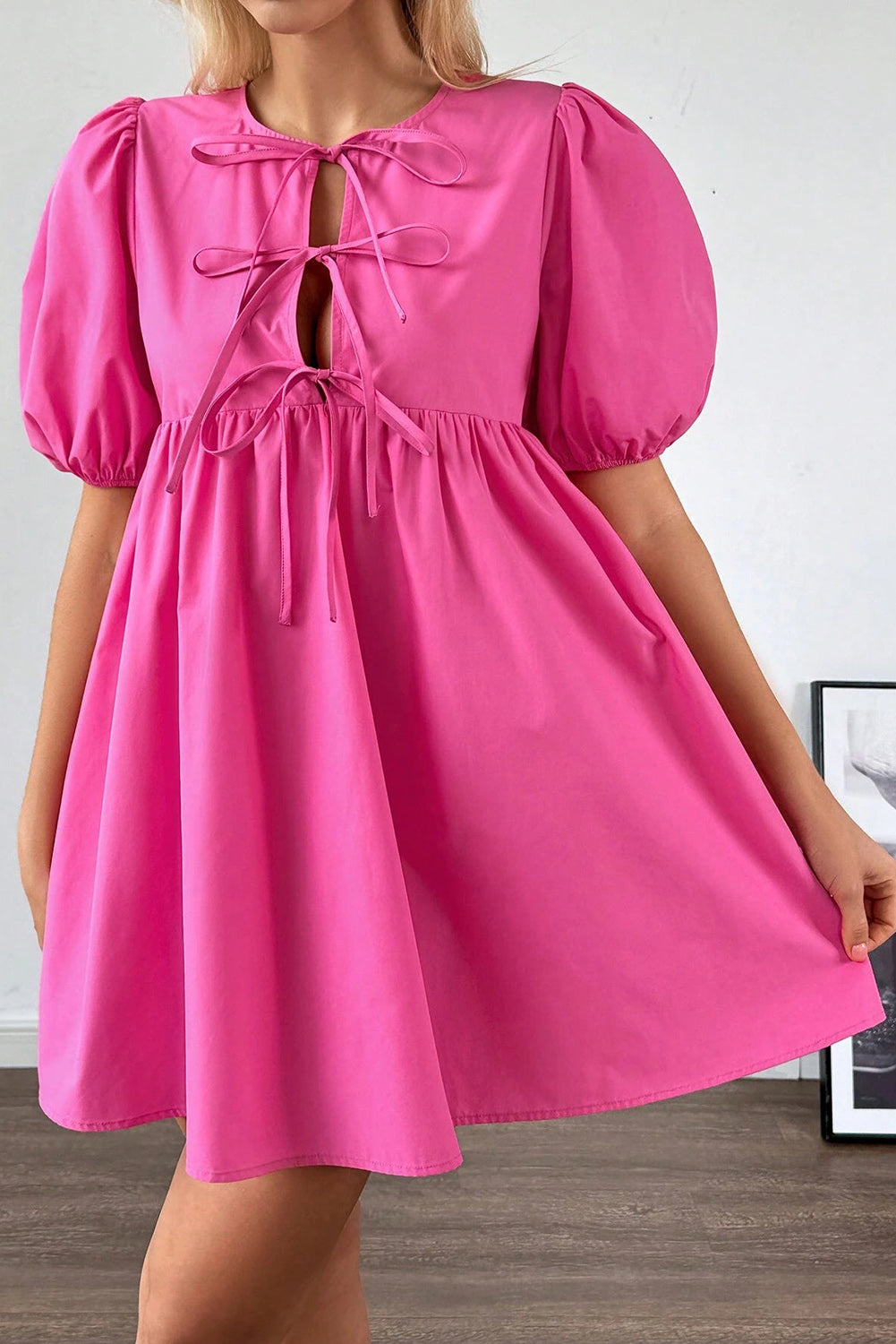 Bright Pink Solid Color Puff Sleeve Tie Front High Waist Mini Dress-TOPS / DRESSES-[Adult]-[Female]-2022 Online Blue Zone Planet