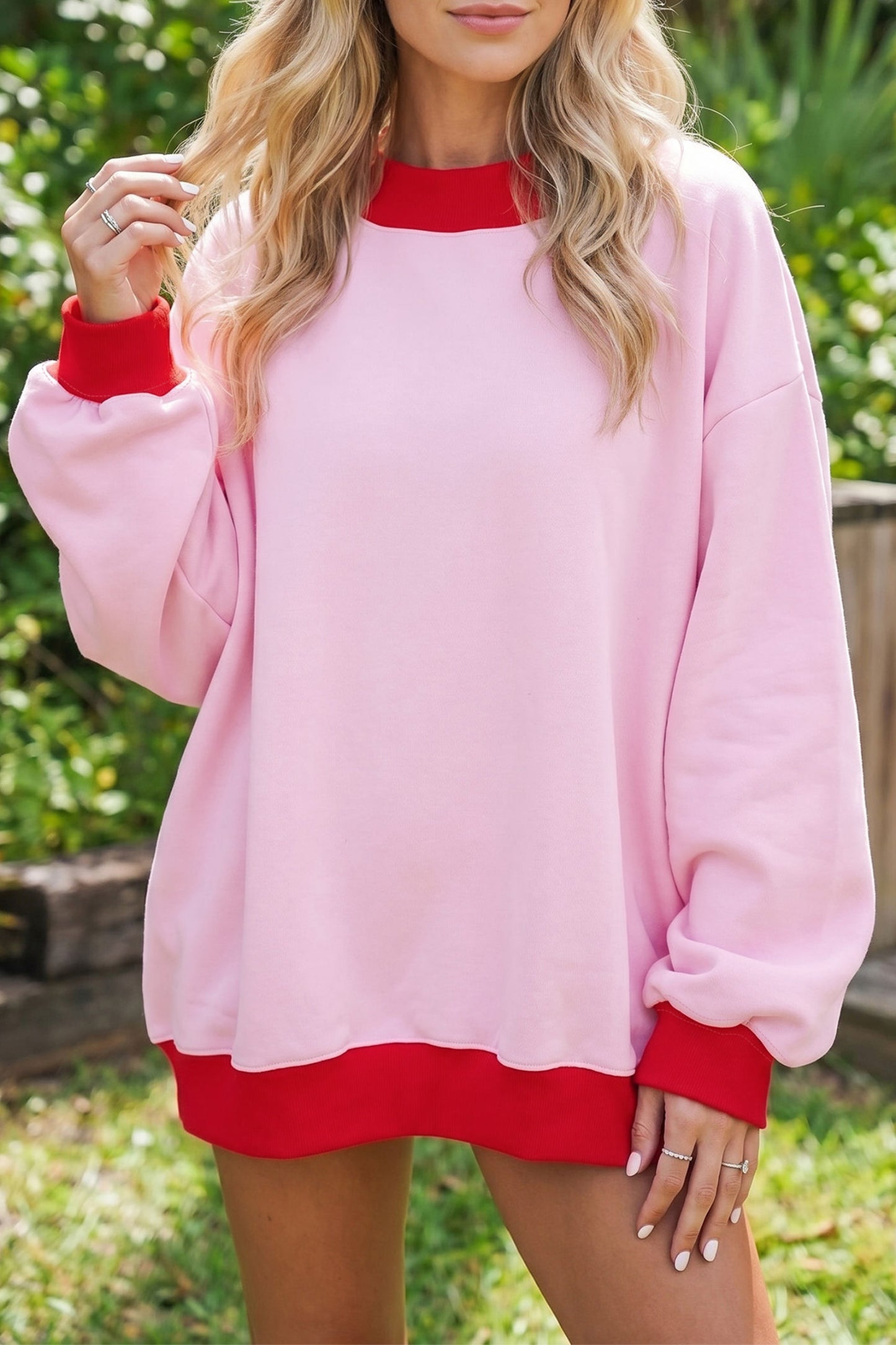 Pink Colorblock Trim Crewneck Long Sleeve Pullover Sweatshirt