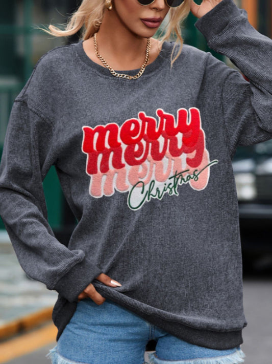 Full Size MERRY CHRISTMAS Round Neck Long Sleeve Sweatshirt-TOPS / DRESSES-[Adult]-[Female]-Gray-S-2022 Online Blue Zone Planet