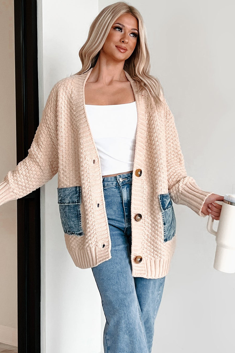 Smoke Gray Open Front Knitted Denim Pocket Patchwork Cardigan-Sweaters & Cardigans/Cardigans-[Adult]-[Female]-2022 Online Blue Zone Planet