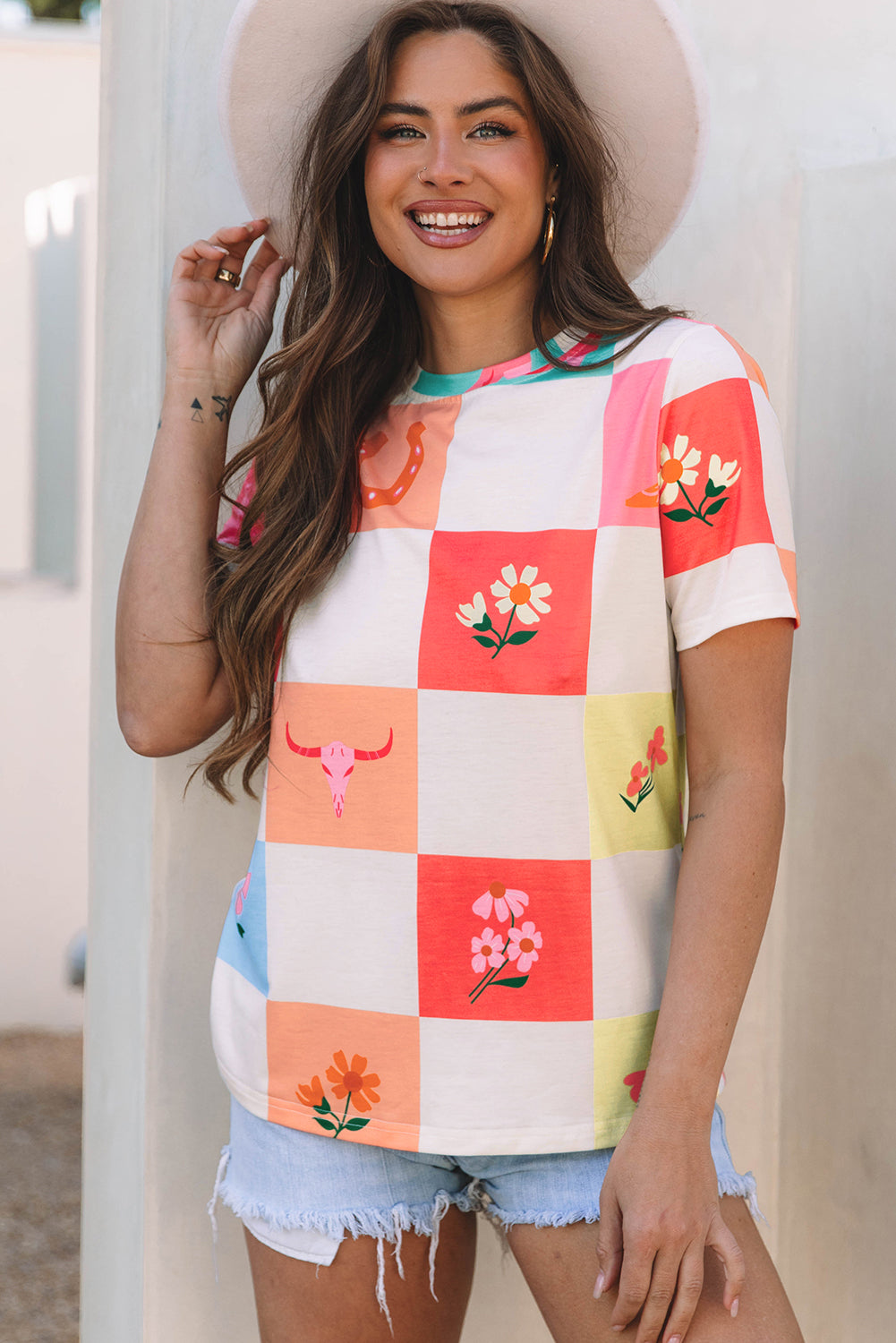 Orange Western Fashion Checker Print Crewneck T Shirt-Tops/Tops & Tees-[Adult]-[Female]-2022 Online Blue Zone Planet