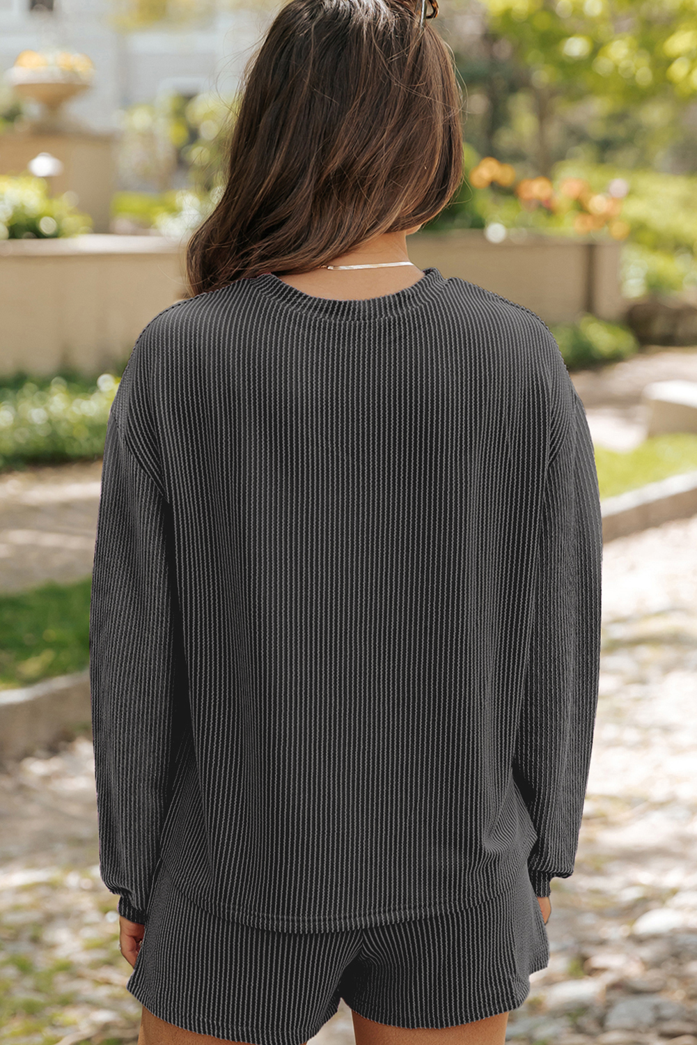 Carbon Grey Bowknot Patched Pattern Corded Long Sleeve Top and Shorts Outfit-Graphic/Graphic Sets-[Adult]-[Female]-2022 Online Blue Zone Planet