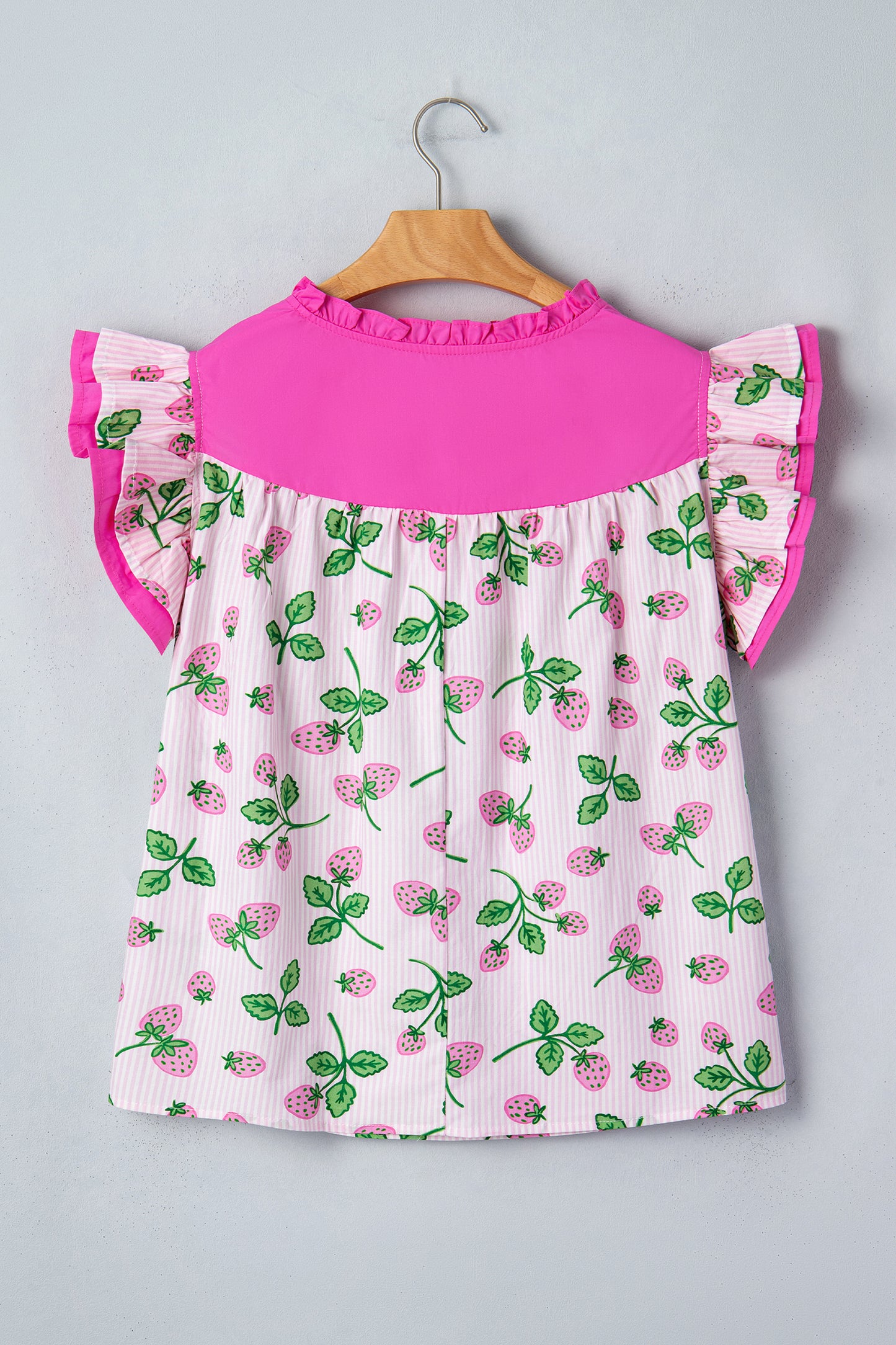 Pink Striped Strawberry Printed Color Block Patchwork V Neck Flutter Sleeve Blouse-Tops/Blouses & Shirts-[Adult]-[Female]-2022 Online Blue Zone Planet