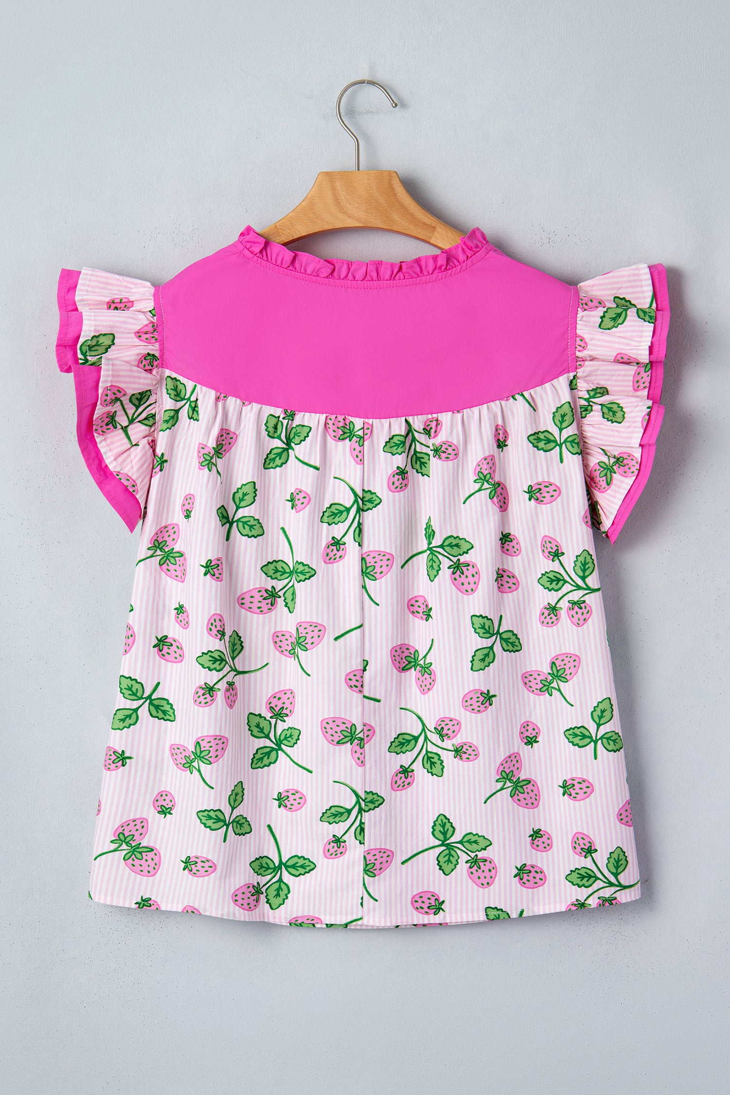Pink Striped Strawberry Printed Color Block Patchwork V Neck Flutter Sleeve Blouse-Tops/Blouses & Shirts-[Adult]-[Female]-2022 Online Blue Zone Planet
