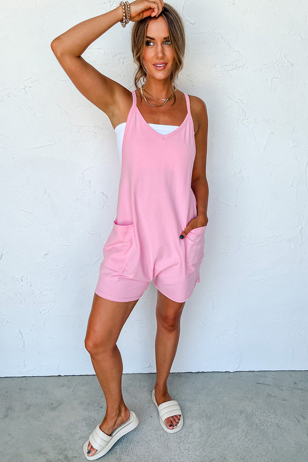 Pink Sleeveless Pocketed V Neck Jersey Romper Blue Zone Planet