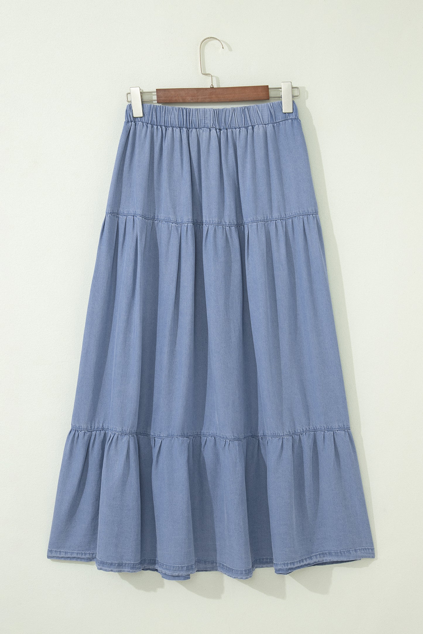 Beau Blue Elastic Waist Ruffled Tiered Flared Denim Maxi Skirt-Bottoms/Skirts & Petticoat-[Adult]-[Female]-2022 Online Blue Zone Planet