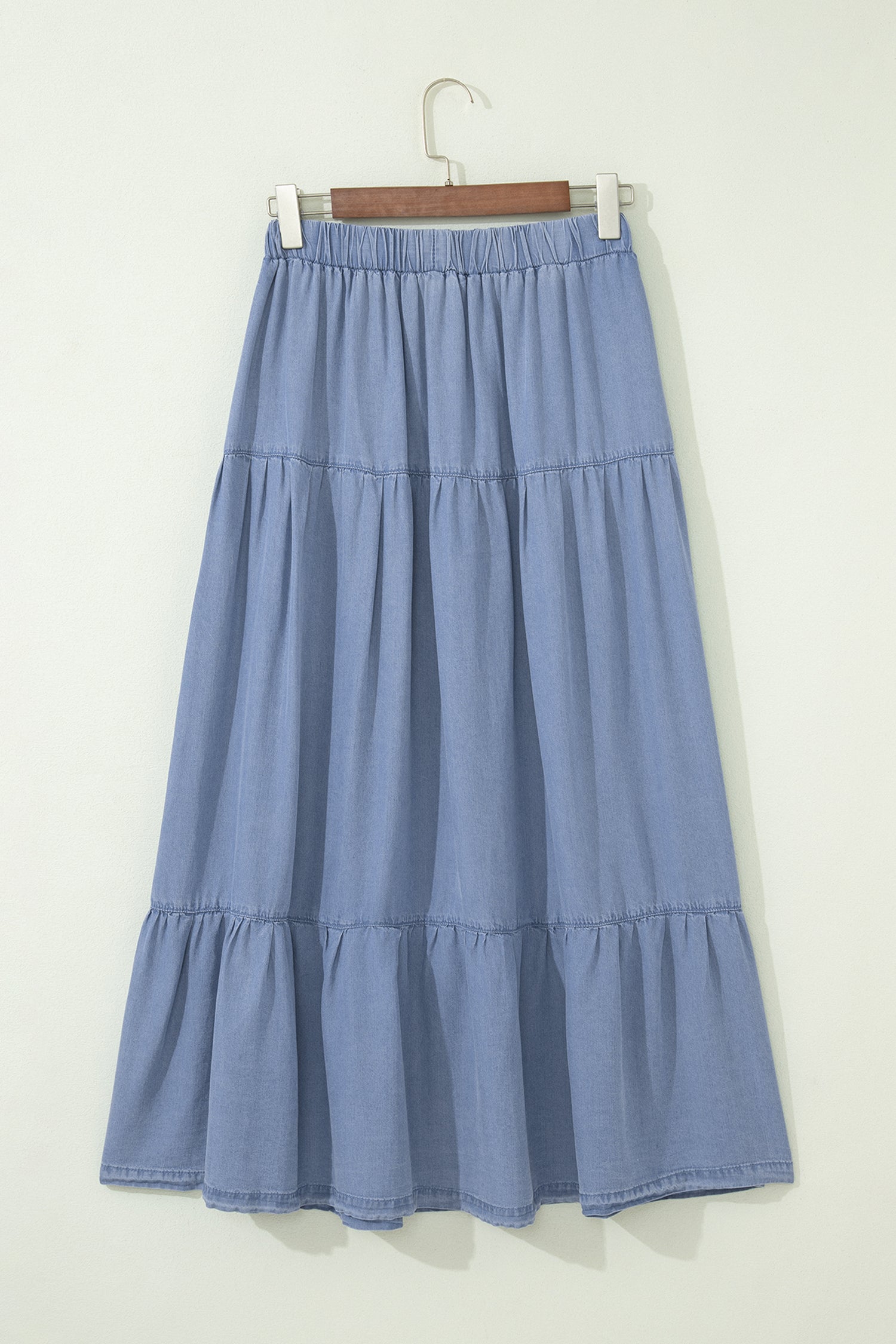 Beau Blue Elastic Waist Ruffled Tiered Flared Denim Maxi Skirt-Bottoms/Skirts & Petticoat-[Adult]-[Female]-2022 Online Blue Zone Planet