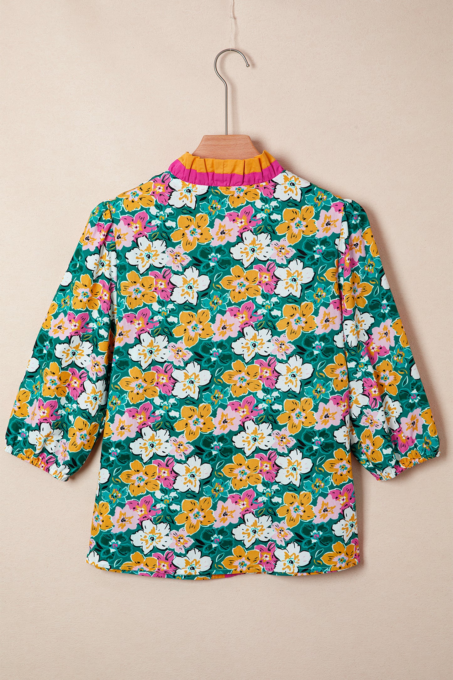 Green Floral Print Contrast Trim Frilled V Neck 3/4 Sleeve Blouse-Tops/Blouses & Shirts-[Adult]-[Female]-2022 Online Blue Zone Planet