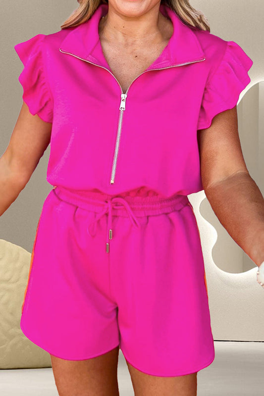 Ruffled Half Zip Cap Sleeve Romper-TOPS / DRESSES-[Adult]-[Female]-Hot Pink-S-2022 Online Blue Zone Planet