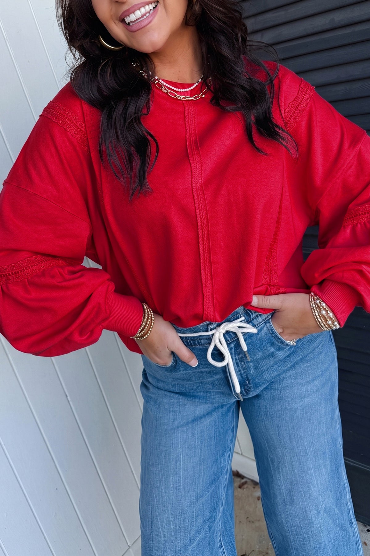 Fiery Red Solid Color Raw Seam Lace Detail Loose Casual Sweatshirt-Tops/Sweatshirts & Hoodies-[Adult]-[Female]-Fiery Red-S-2022 Online Blue Zone Planet