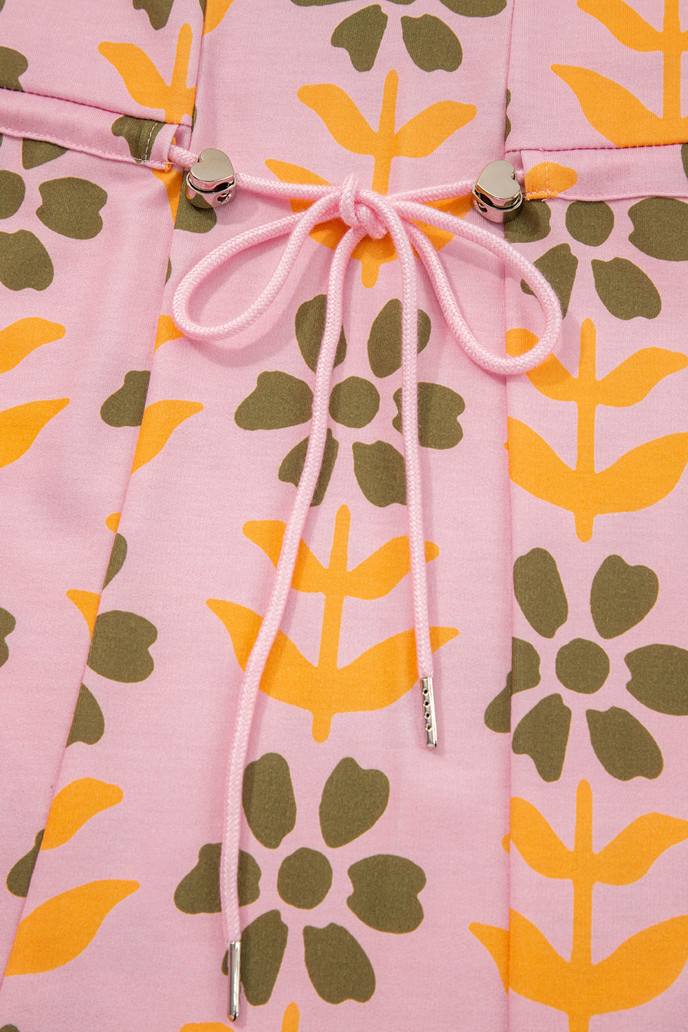 Pink Floral Print Zip Neck Striped Patchwork Long Sleeve Drawstring Dress-Dresses/Floral Dresses-[Adult]-[Female]-2022 Online Blue Zone Planet