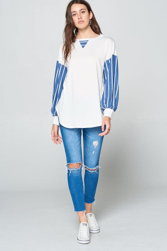 Blue Zone Planet | Super Lady Full Size French Terry Striped Long Sleeve Top-TOPS / DRESSES-[Adult]-[Female]-2022 Online Blue Zone Planet