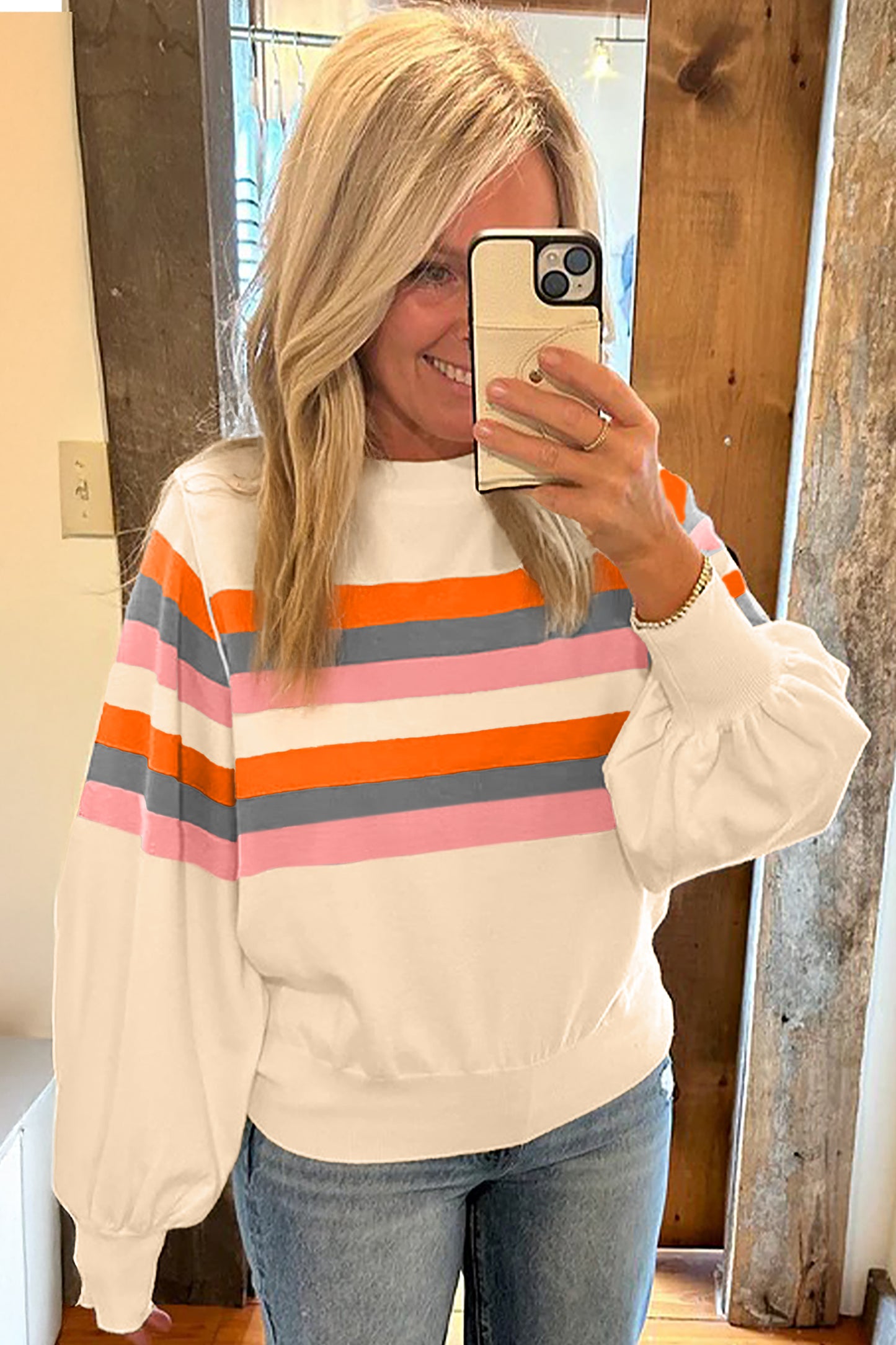 Beige Stripe Puff Sleeve Casual Pullover Sweatshirt-Tops/Sweatshirts & Hoodies-[Adult]-[Female]-2022 Online Blue Zone Planet