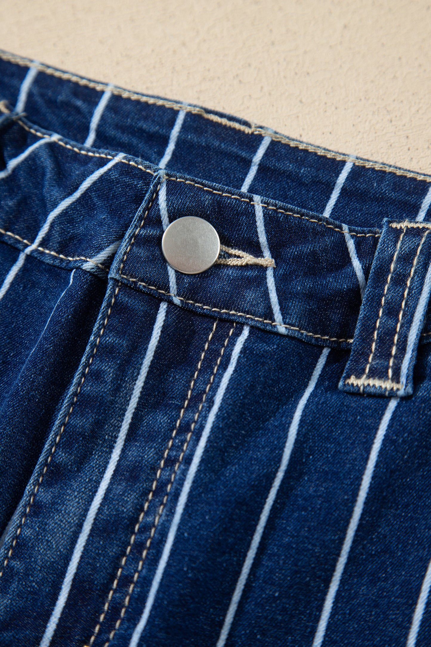 Blue Stripe Metal Button Detail Womens Denim Shorts-Bottoms/Denim Shorts-[Adult]-[Female]-2022 Online Blue Zone Planet