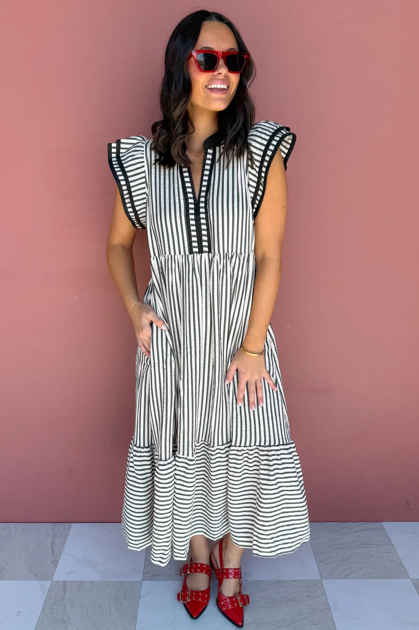 Black Stripe Plus Size Slit V Neck Tiered Flutter Sleeve Maxi Dress-Plus Size/Plus Size Dresses/Plus Size Maxi Dresses-[Adult]-[Female]-2022 Online Blue Zone Planet