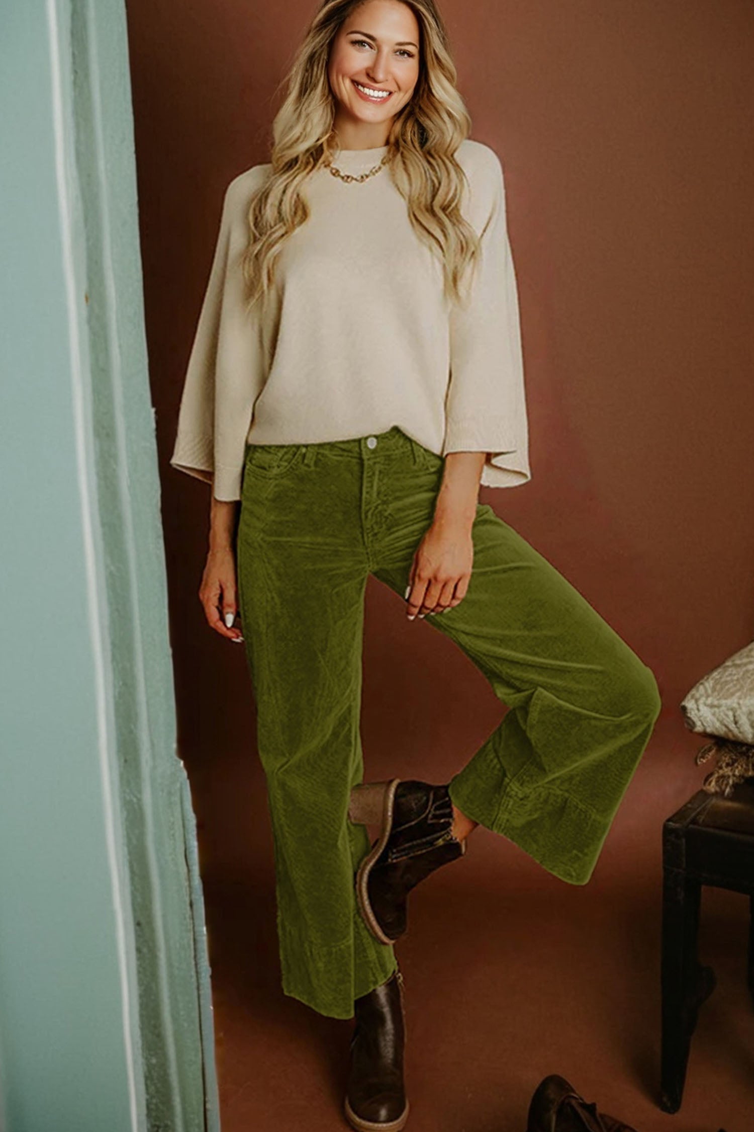 Vineyard Green Corduroy Solid Color High Waist Wide Leg Pants-Bottoms/Pants & Culotte-[Adult]-[Female]-2022 Online Blue Zone Planet