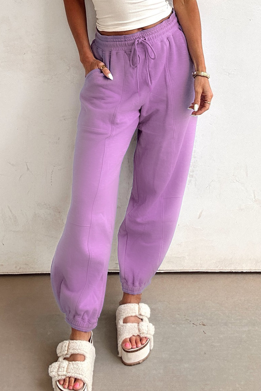 Lilac Drawstring Waist Patchwork Solid Color Jogger Pants-Bottoms/Pants & Culotte-[Adult]-[Female]-2022 Online Blue Zone Planet