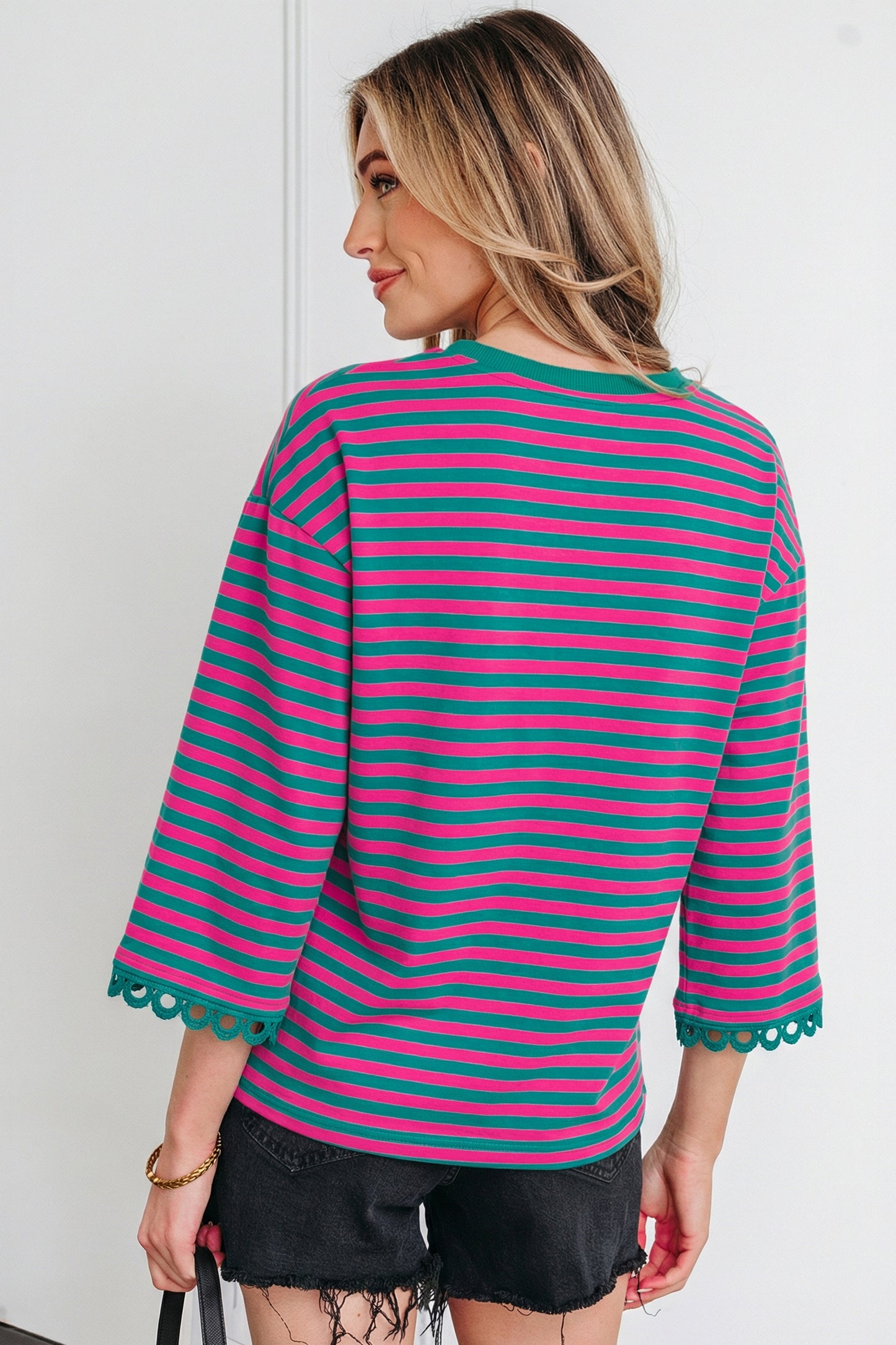 Sachet Pink Striped Print Drop Shoulder Lace Trim Bracelet Sleeve Loose Top