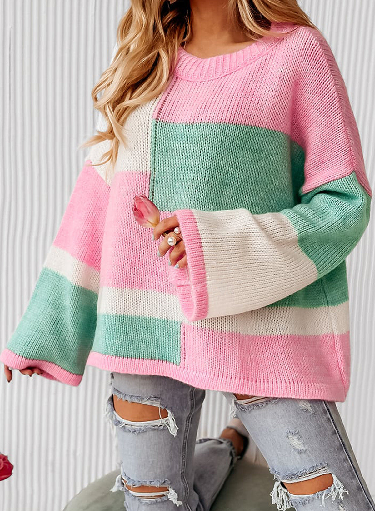 Color Block Round Neck Drop Shoulder Sweater-TOPS / DRESSES-[Adult]-[Female]-Blush Pink-S-2022 Online Blue Zone Planet