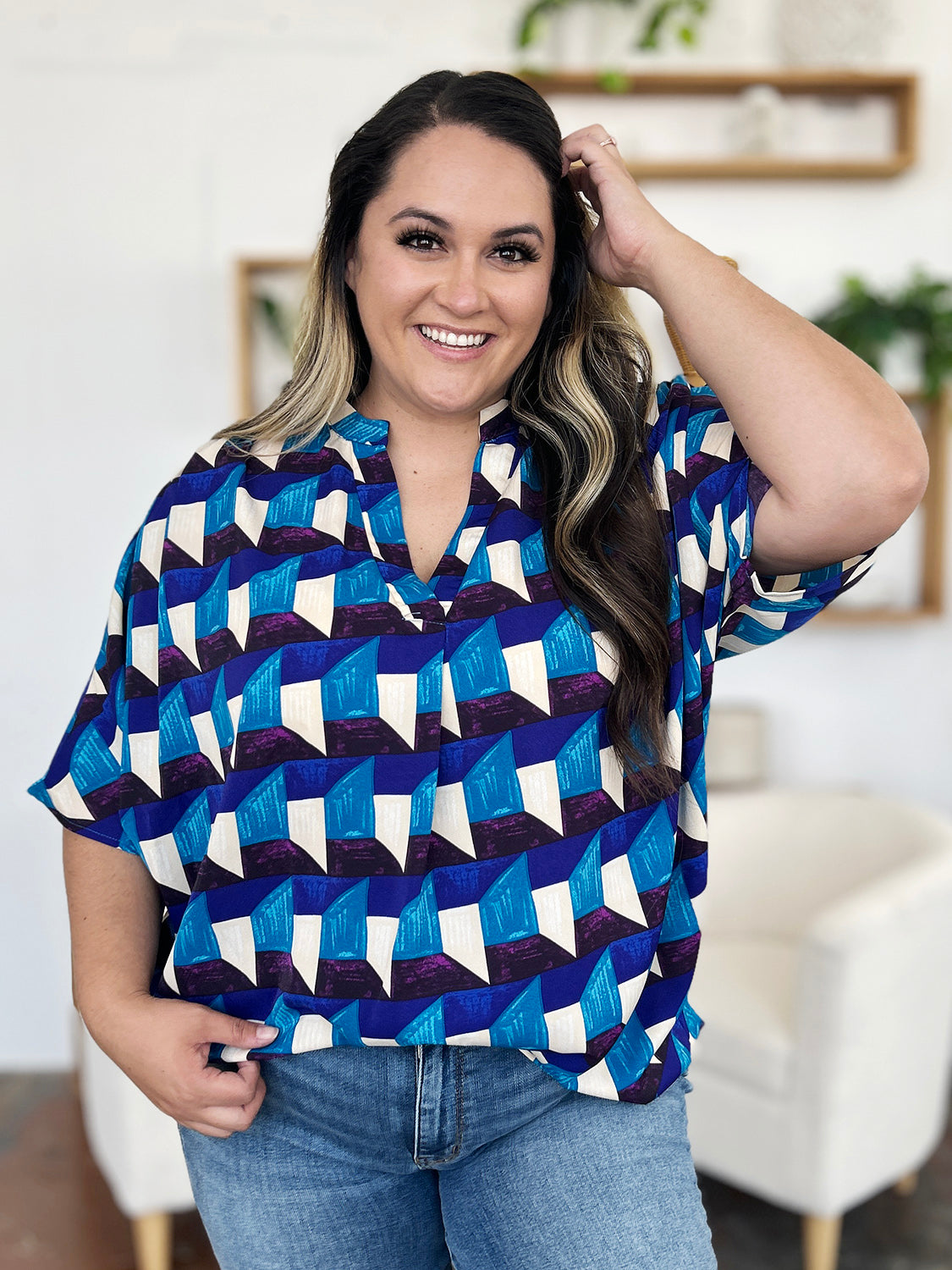 Double Take Full Size Geometric Notched Half Sleeve Blouse-TOPS / DRESSES-[Adult]-[Female]-2022 Online Blue Zone Planet