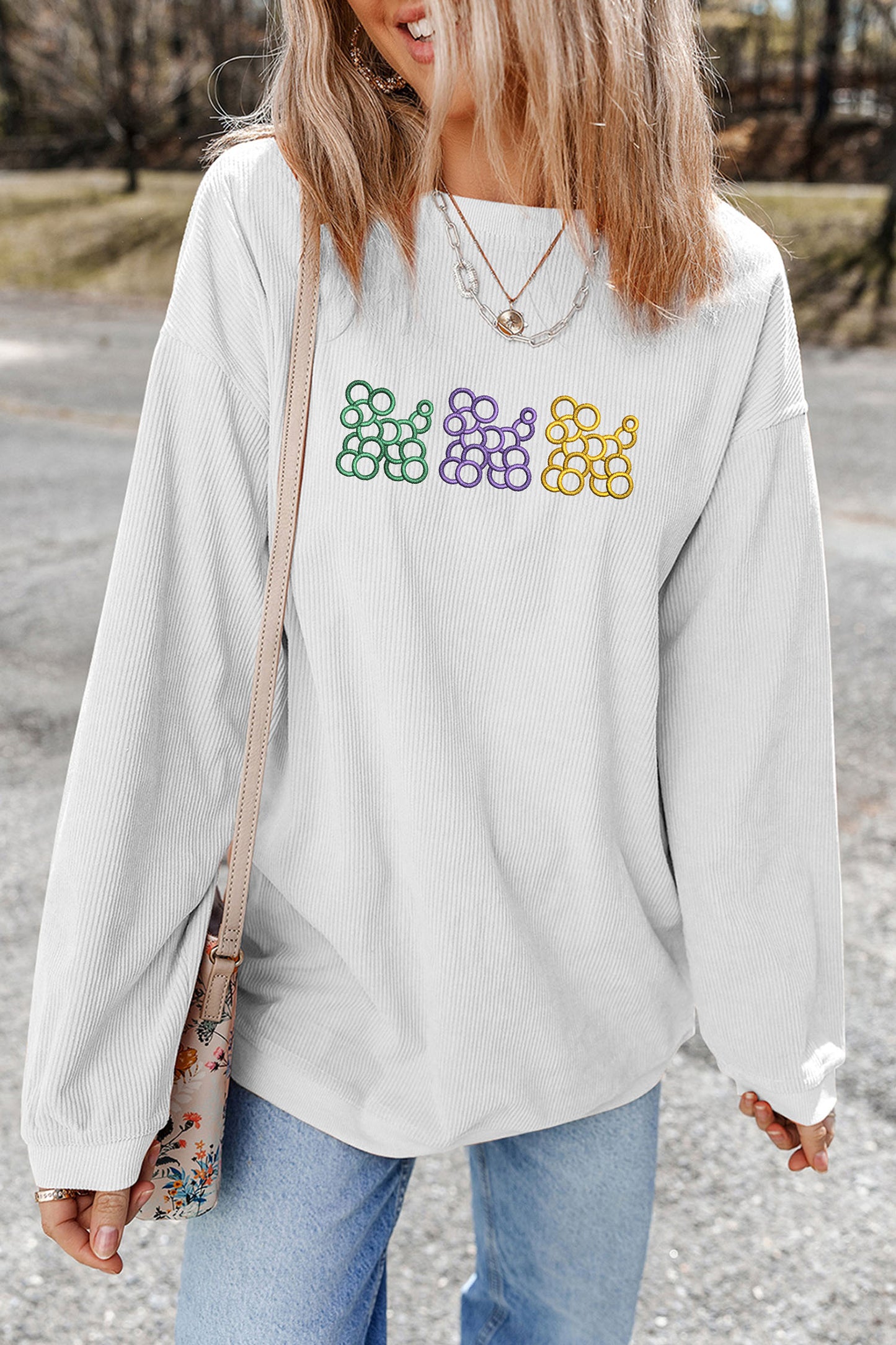 White Mardi Gras Cute Balloon Dogs Embroidered Corded Ribbed Sweatshirt-Graphic Sweatshirts-[Adult]-[Female]-2022 Online Blue Zone Planet