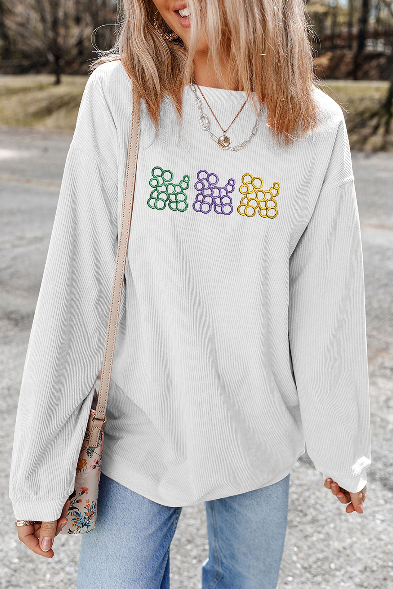 White Mardi Gras Cute Balloon Dogs Embroidered Corded Ribbed Sweatshirt-Graphic Sweatshirts-[Adult]-[Female]-2022 Online Blue Zone Planet