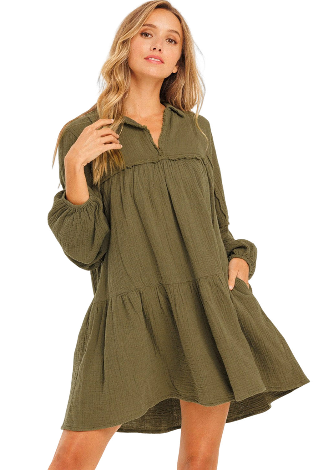 Blue Zone Planet | Green Frayed Trim Split Neck Puff Sleeve Flared Dress-TOPS / DRESSES-[Adult]-[Female]-2022 Online Blue Zone Planet