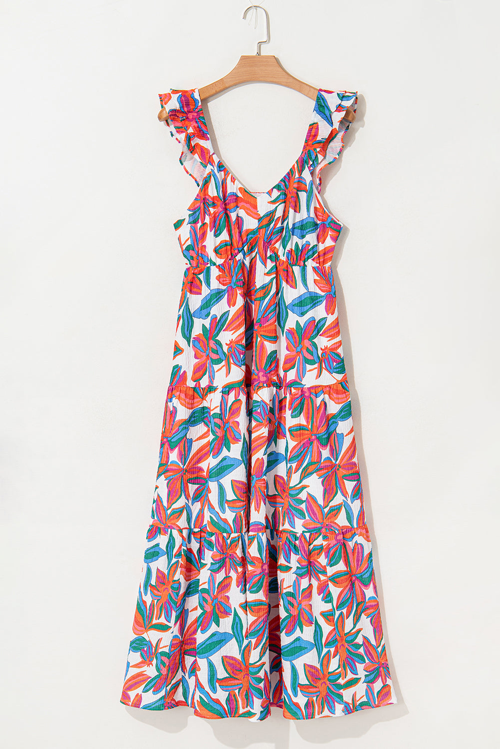 Red Boho Floral Ruffled Strap V Neck Maxi Dress-Maxi Dresses-[Adult]-[Female]-2022 Online Blue Zone Planet