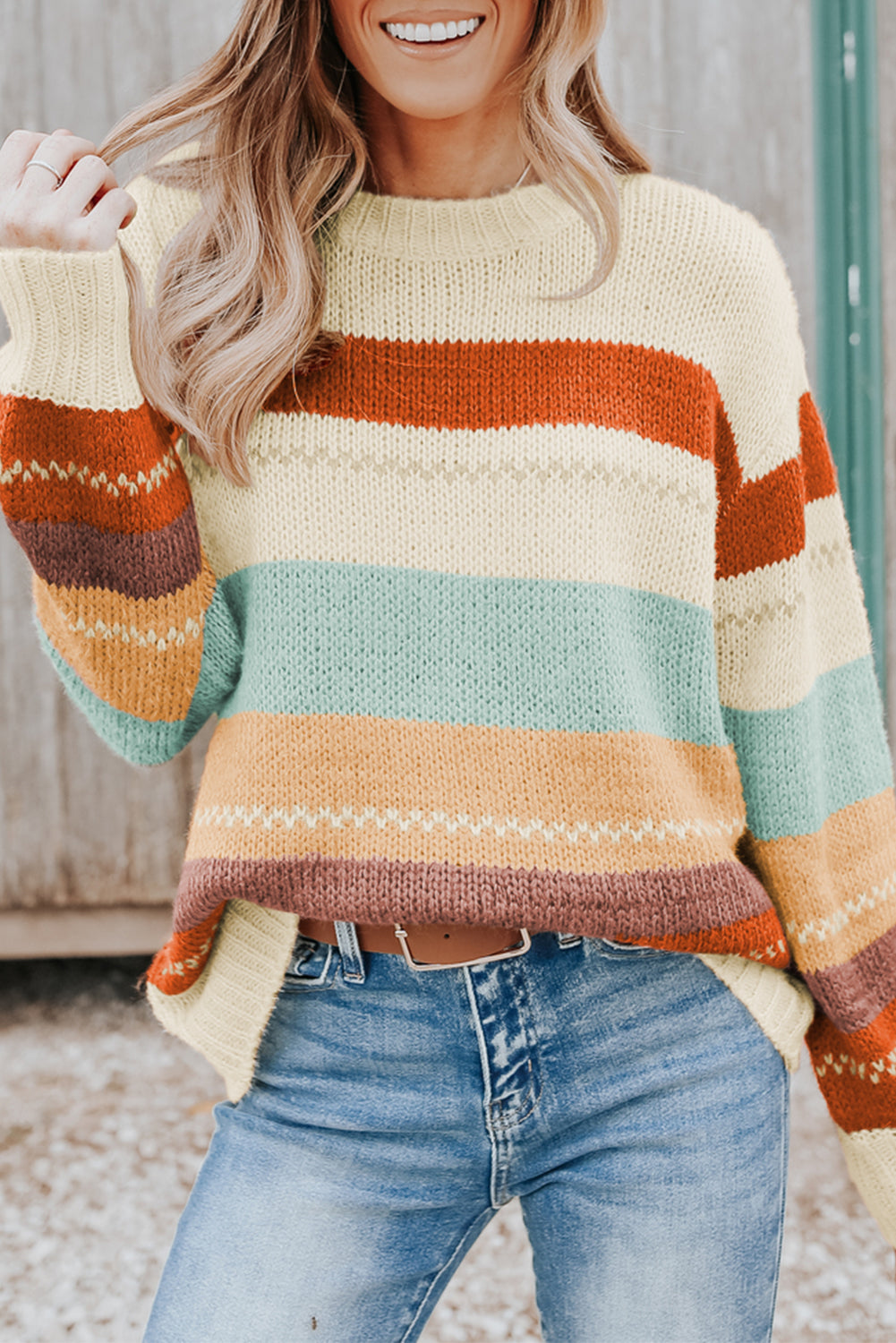 Crew Neck Drop-shoulder Striped Color Block Sweater-Sweaters & Cardigans/Sweaters-[Adult]-[Female]-2022 Online Blue Zone Planet