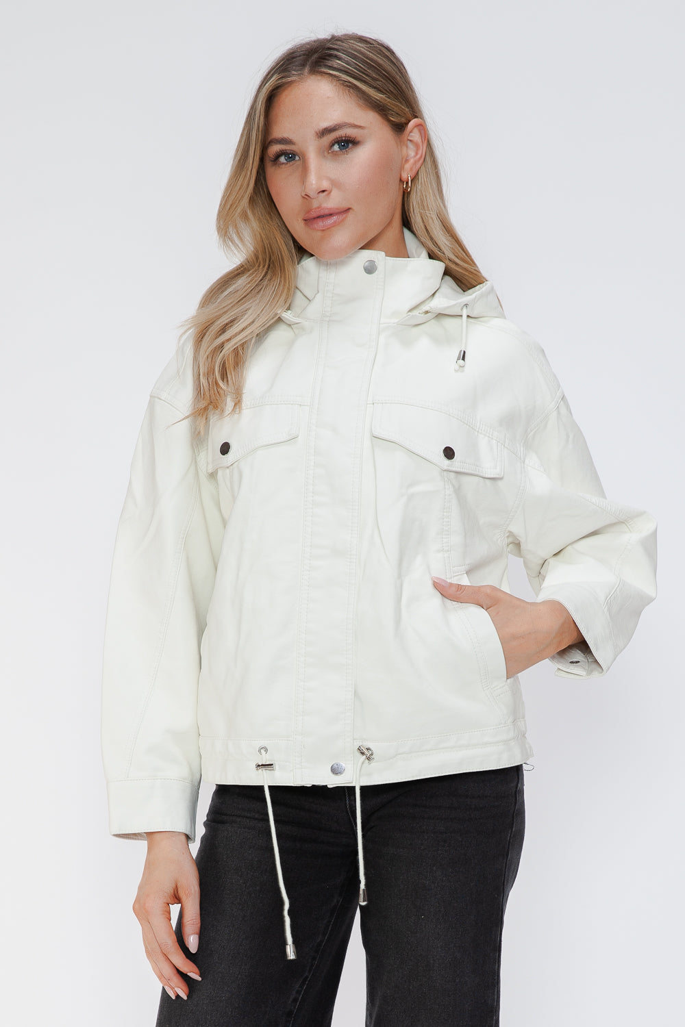 Blue Zone Planet | How Dare U Drawstring Hem PU Leather Zip Up Jacket-TOPS / DRESSES-[Adult]-[Female]-White-S-2022 Online Blue Zone Planet